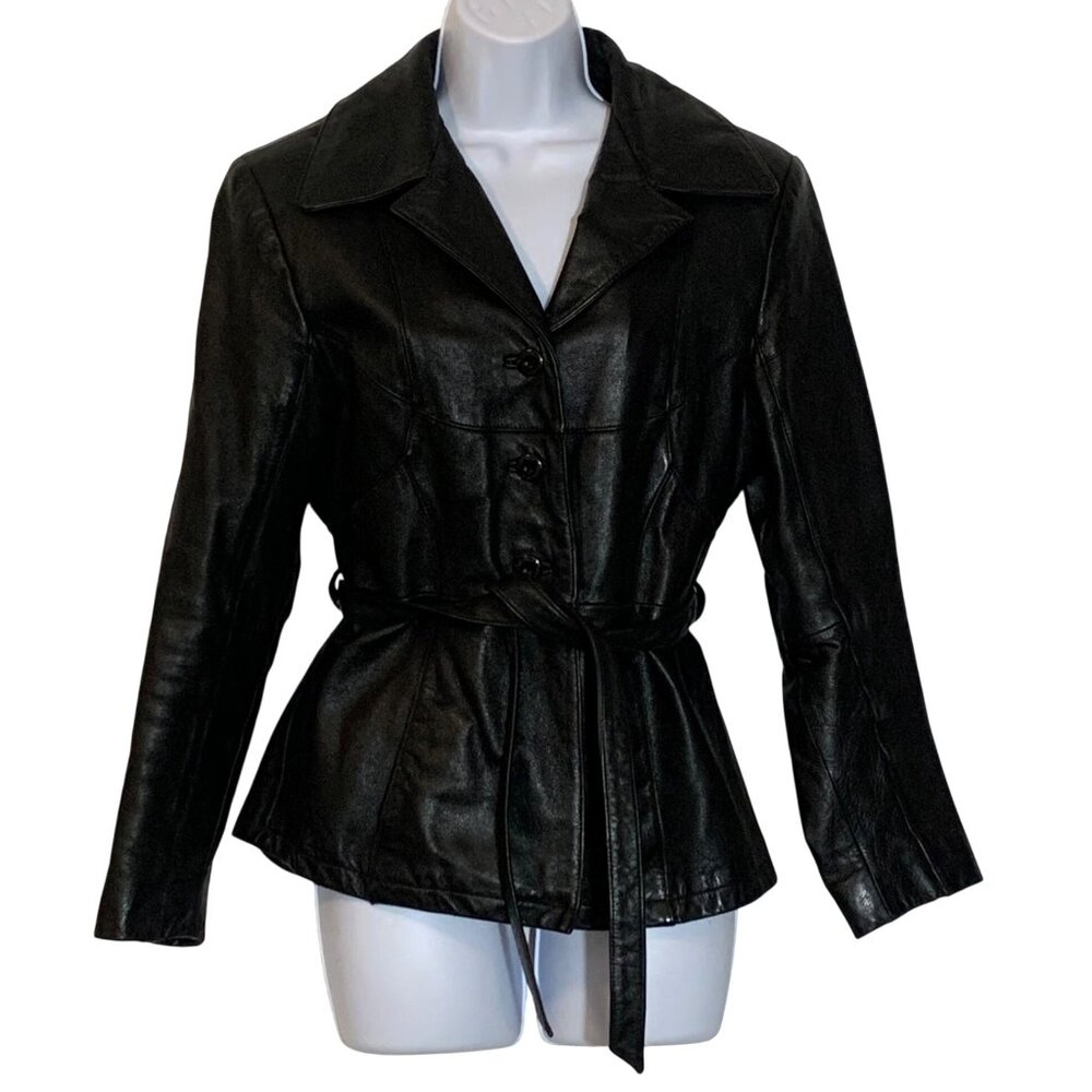 VTG Maxima By Wilsons Black Leather Button-Front Jacket Belted Waist Womens SZ S